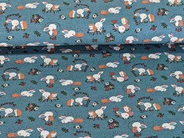 Preview: Baumwolljersey Sweet Hase mit Igel auf Dusty Blue